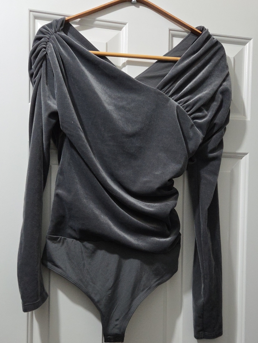 Express Charcoal Gray Velvet Draped Long-Sleeve Bodysuit